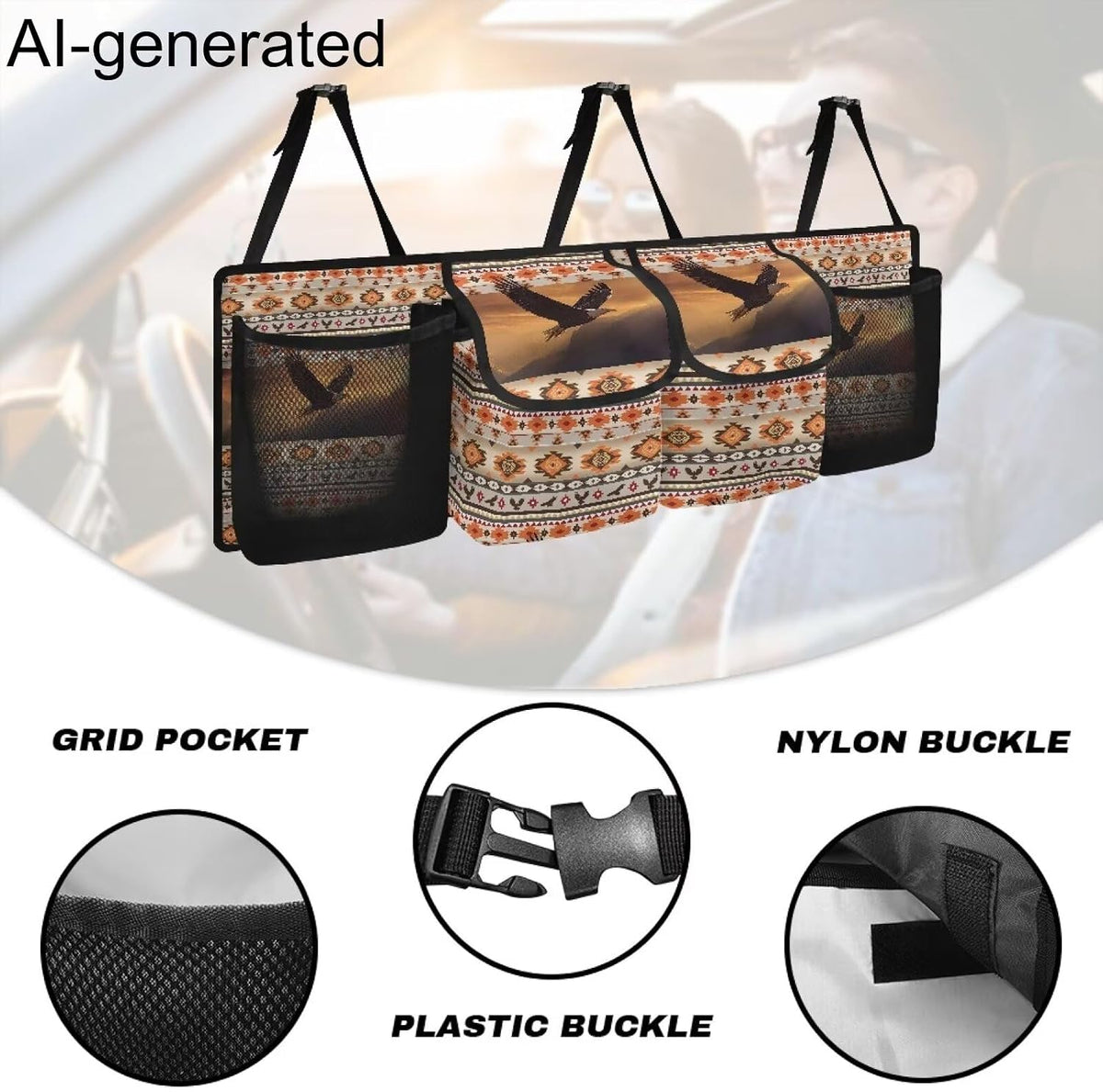 Aztec Tribe Back Seat Trunk Organizer,Eagle Space Saving Car Trunk Storage Organizer with Lid Keep your Trunk Clean and Tidy 4 Large Pockets for Kids,Travel Essentials
