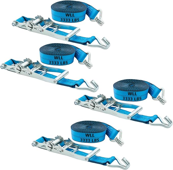 Mytee Products (4 Pack 2 Inch x 27 FT Blue Ratchet Strap with J Hooks - 10,000 Lbs Breaking Strength - Heavy Duty Tie Down Cargo Truck Straps with Wire Hooks for Flatbed, Truck, Trailers Pickup
