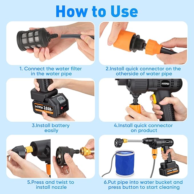 Portable Cordless Pressure Washer, 600 PSI 21V Two Rechargeable Batteries Powered Pressure Washer with Battery Level Display, 6-in-1 Nozzle with Jet Nozzles for Car Floor Wall Fence Cleaning