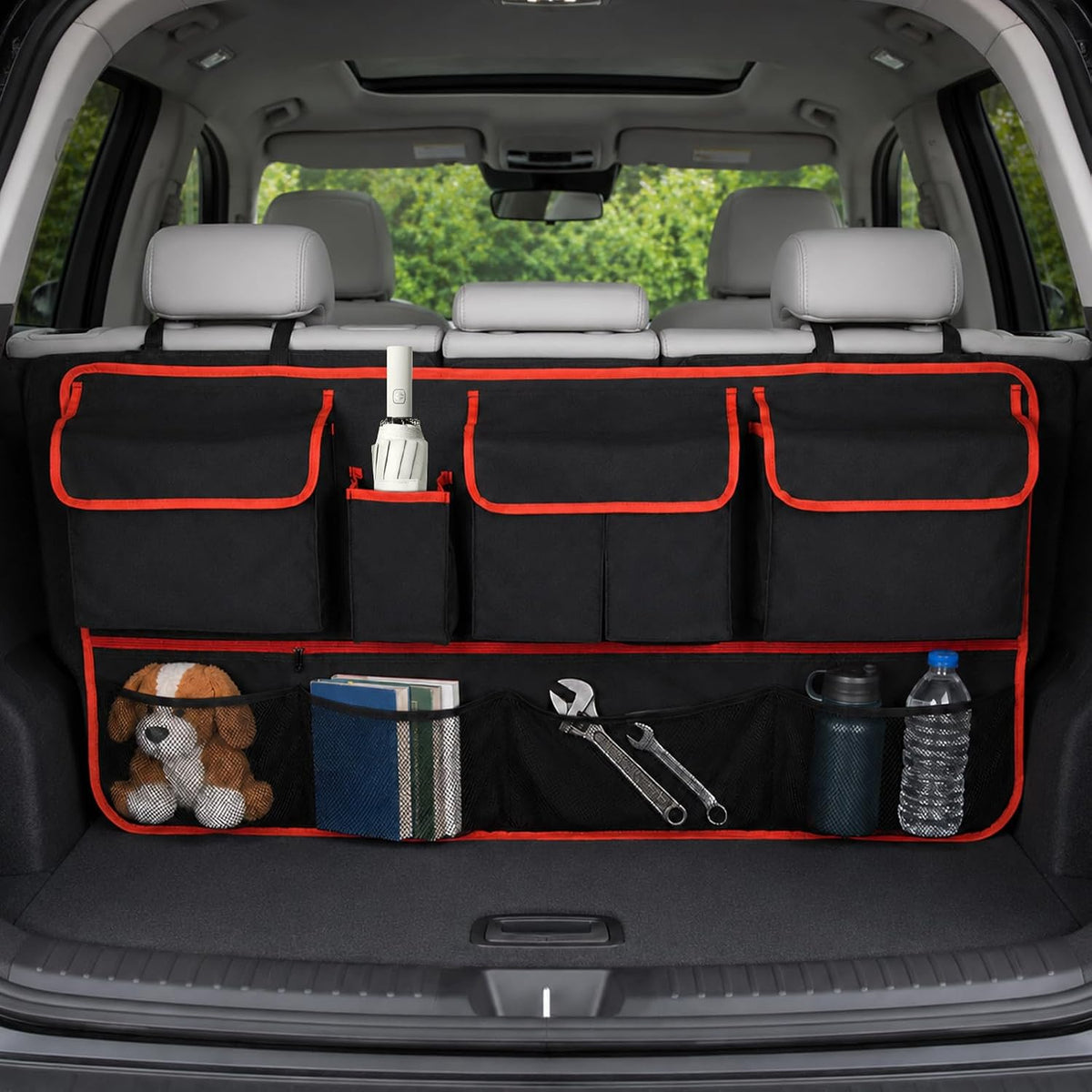 Car Trunk Organizer, Multi-pocket Large Capacity Vehicle Backseat Hanging Storage Bag with Adjustable Straps, Automotive Seat Back Trunk Cargo Organizer Bag for SUV, Car Accessories (Black+Red)
