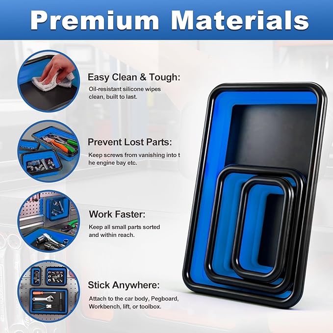 Collapsible Magnetic Parts Tray Set with Extra Strong Magnet Up to 18LB, 3 Different Size Silicone Foldable Tool for Organizing Screw Bolts Nuts Washers Pins and Other Small Metal Parts -Blue