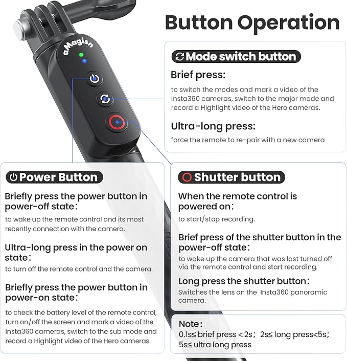 Remote Control Selfie Stick Rechargeable Waterproof 100CM Stretchable Compatible