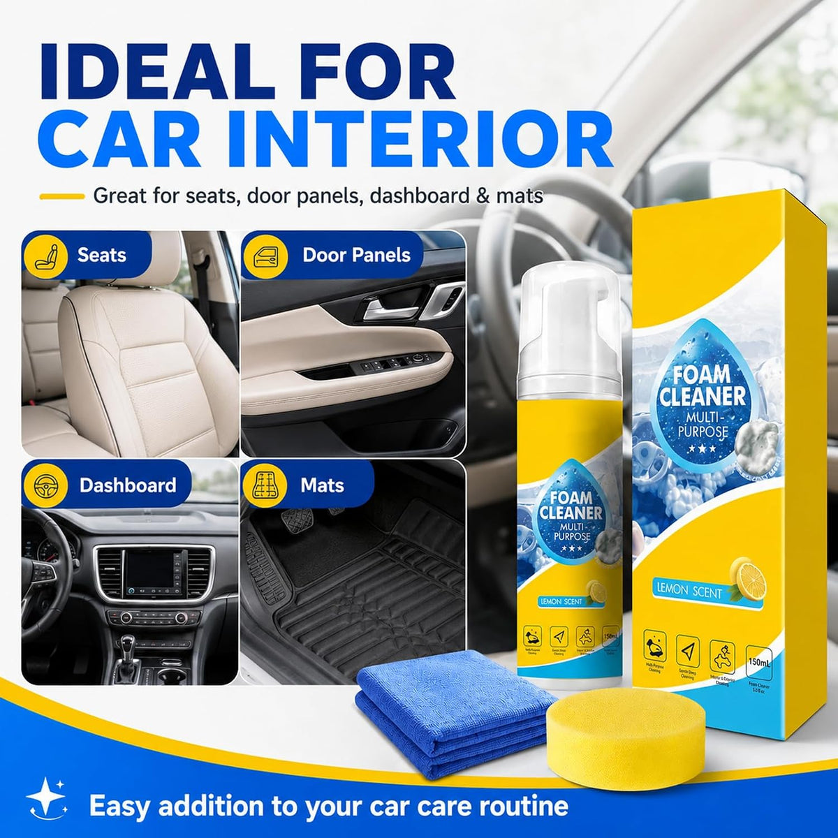 4-in-1 Multi-Enzyme Foam Cleaner 5oz, All Purpose Cleaning Spray and Multi Purpose Foam Cleaner for Kitchen Grease Care, Bathroom Tiles, Car Interior, Sofa Upholstery, Carpet (3PCS)