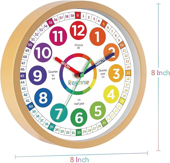 Roymnie Wall Clock for Kids Learning to Tell Time Analog Non Ticking Battery