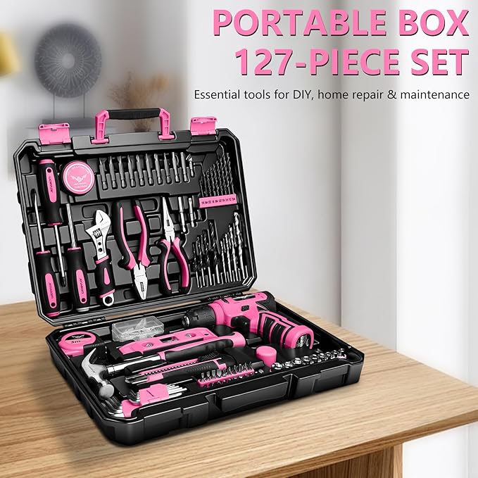 JENABOM Tool Set - 8V Cordless Drill Set, 127 Piece Home Tool Set With Hand Drill, Tool Kit for Women & Men, Perfect for Homeowner, Diyer, Handyman, Pink