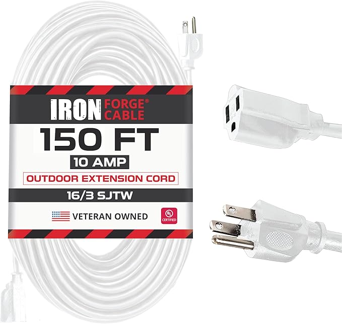 Iron Forge Cable Weatherproof 150 Ft Outdoor Extension Cord - 16/3 SJTW Heavy Duty White Extension Cord 3 Prong - 10 Amp Exterior Power Cable