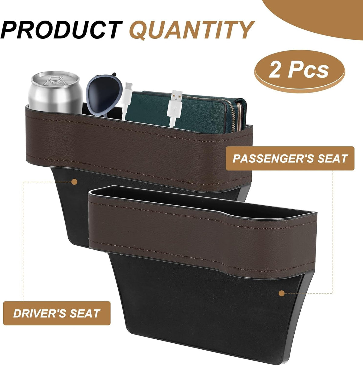 HARFINGTON 2pcs Car Seat Gap Filler Organizer 10.2 x 6.5 x 3.1 Inch ABS+Leather Universal Car Organizer Storage Box Between Seat and Console (Left+Right) with Cup Holders for Phone, Brown