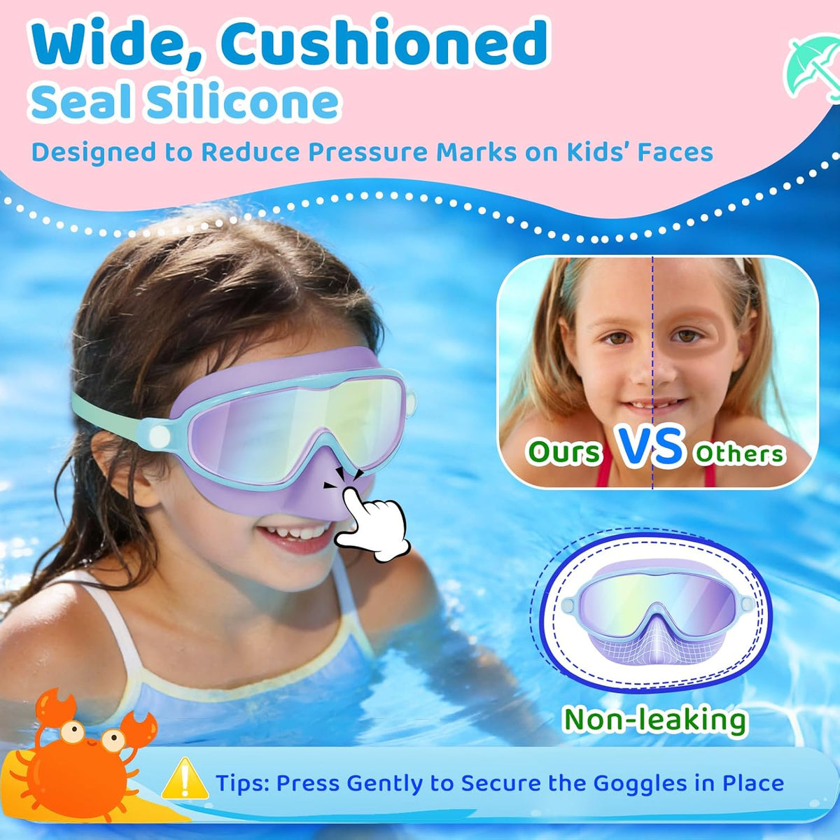 Vvinca Kids Swim Goggles - Anti-Fog UV Protection with Nose Cover | 2 Pack for Ages 3-14