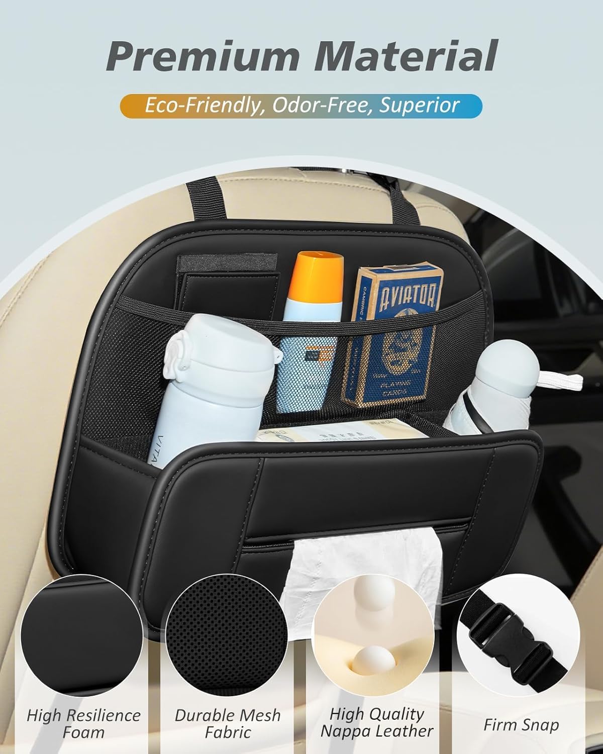 FLORICH Upgrade 5-in-1 Car Backseat Organizer, Premium Leather Headrest Seat Back Storage Pocket with Cup Holder, Foldable Hanging Car Tissue Holder 1 Pack