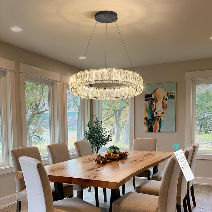 HAIXIANG Modern Crystal Chandelier Dimmable LED 16 Inch Ring Pendant Lights