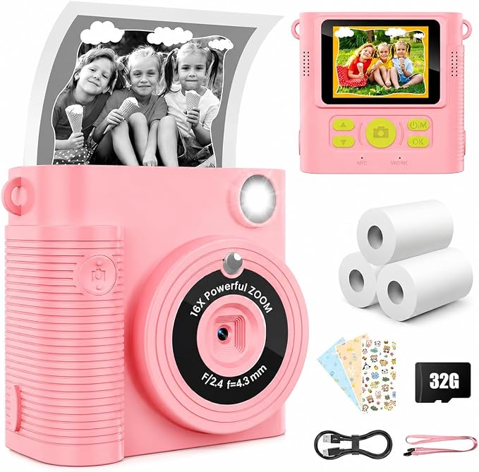 Kids Instant Print Camera Ages 3-12 1080P Selfie 2.4" Screen 32GB Gift Pink |