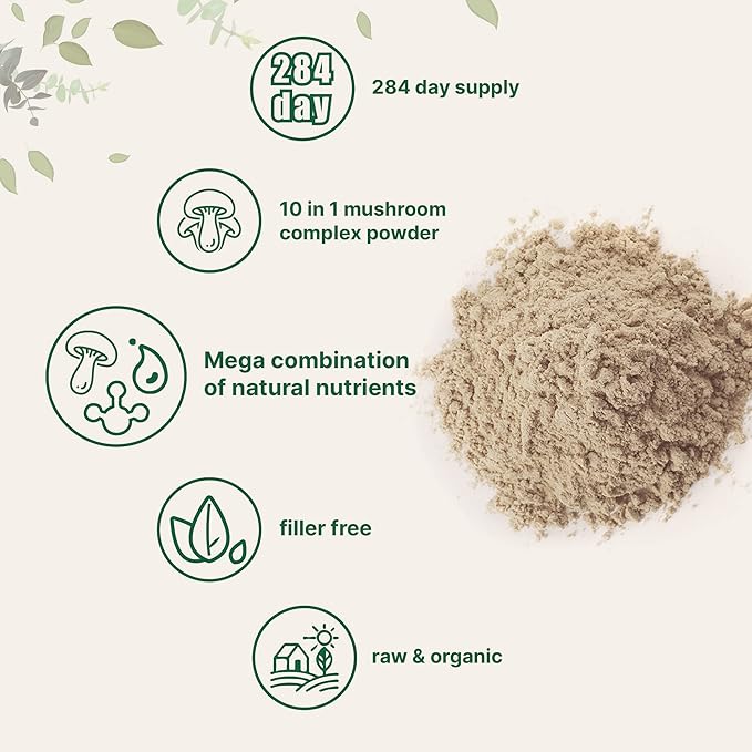 Micro Ingredients Organic Mega Mushroom 10 in 1 Complex Formula Powder for Immune System Booster, 10 Ounce (284 Days Supply), Chaga, Lions Mane, Cordyceps, Reishi & More, Filler Free, Vegan