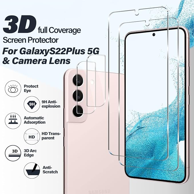 BIGFACE Galaxy S22 Plus Tempered Glass Screen Protector, 2 Pack, Anti-Scratch