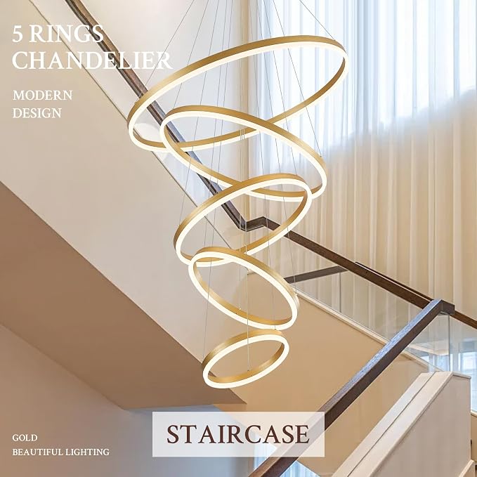 5-Rings D31.5in Modern LED Chandelier Gold Dimmable High Ceiling Chandeliers