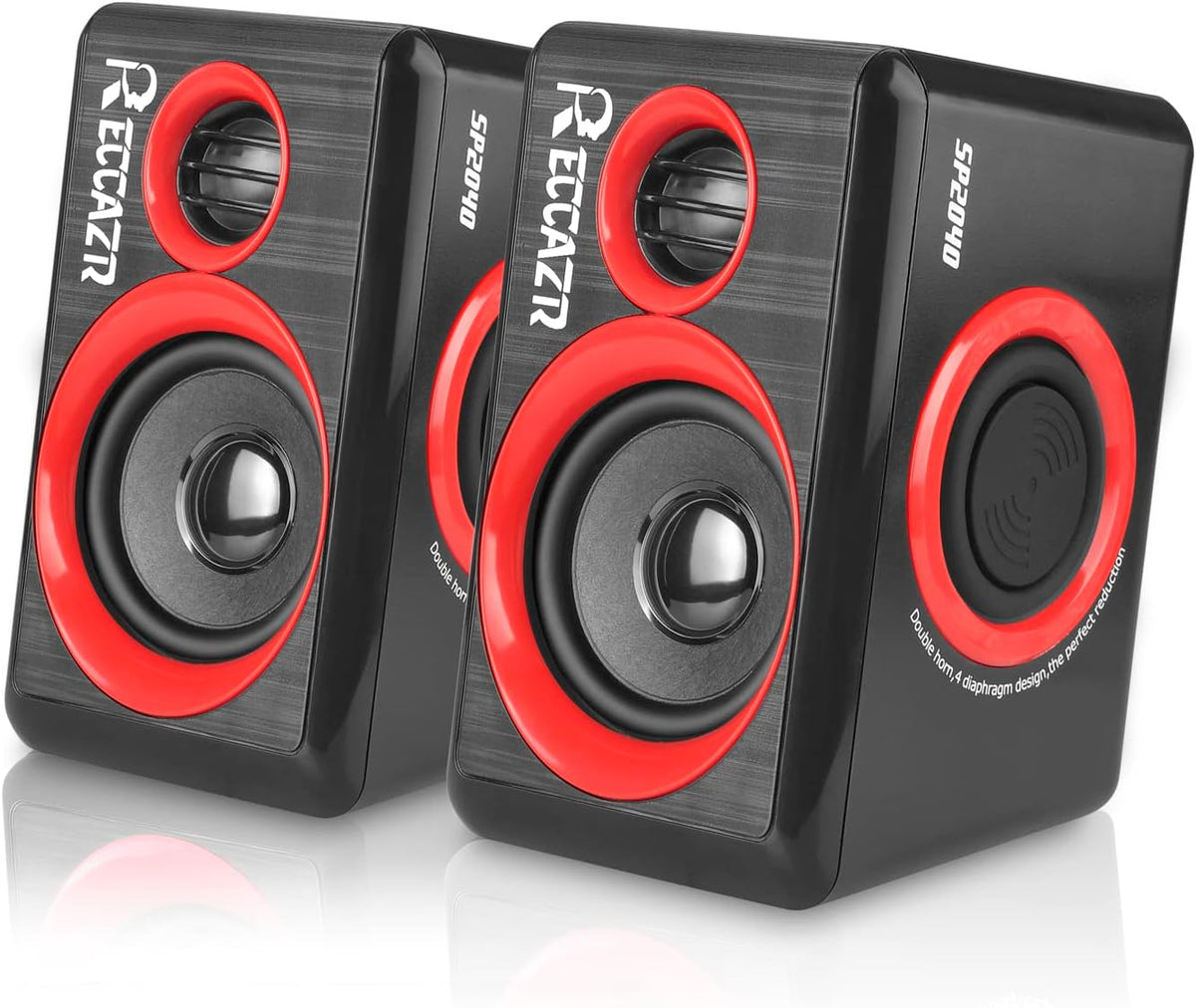 Reccazr SP2040 Computer Speakers - 2.0 CH USB Wired with Deep Bass for Desktop & Laptops | Red