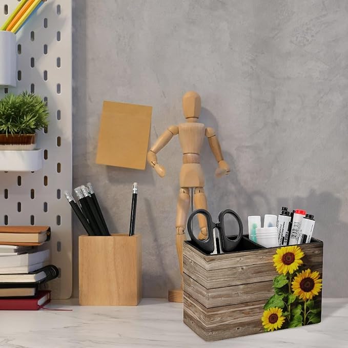 Pen Holder, Pencil Holder for Desk Organizer, Summer Wooden Sunflower PU Leather Pencil Cups Desktop Stationery Storage Makeup Brush Holder Pen Organizer for Office Home
