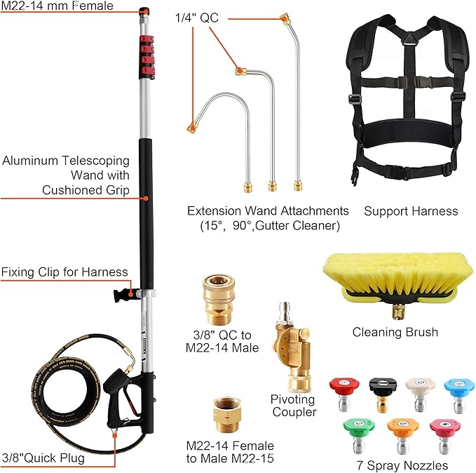 Telescoping Pressure Washer Wand 24 ft Power Washer Extension Wand Aluminum Pressure Washer Extension Wand 24 Feet with Brush Head, Gutter Cleaner, 7 Spray Nozzle Tips, 2 Hose Adapters, Support Belt