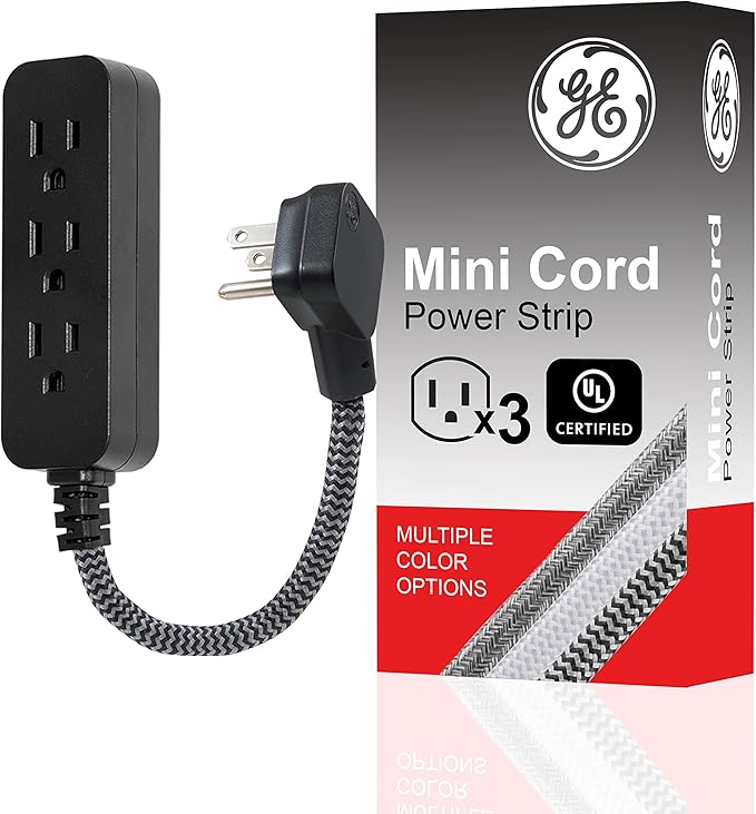GE 3-Outlet Power Strip Mini Extension Cord with Multiple Outlets 5 Inch Braided Short Cord Extension Cord Grounded Flat Plug UL Listed Black 45191