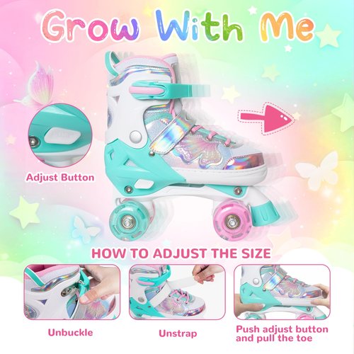 Nattork Kids Roller Skates for Girls Boys - Teal for Toddlers Age 3 4 5 - Adjustable All Light up Wheels Butterfly and Flower Indoor Outdoor Sports Birthday Gift for Son and Grandson, X-Small(7C-9C)