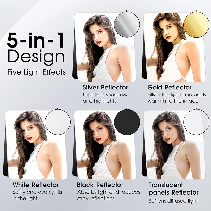 5-in-1 Light Reflector 43 Inch/110 cm Photography Diffuser Collapsible Portable