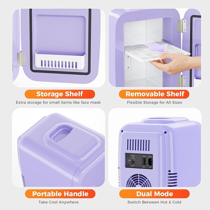 OSTBA Mini Fridge, 4 Liter/6 Can Mini Makeup Fridge, 110V AC/ 12V DC Portable Thermoelectric Cooler&Warmer for Skincare, Drink, Cosmetic, Medicine, Small fridge for Bedroom, Office, Dorm, Car, Purple