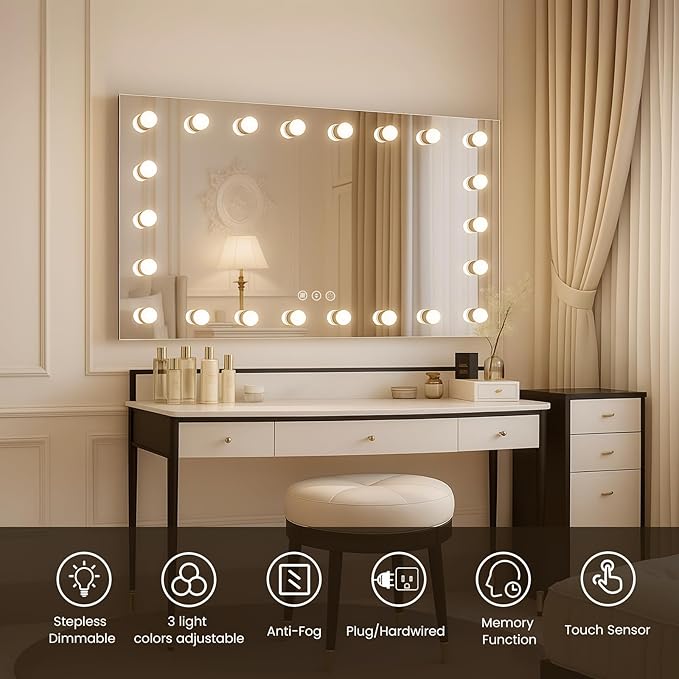 WTTY LED Bathroom Mirror with Lights 60"x28" Hollywood Wall-Mounted Mirror with 3 Color Temperatures, Stepless Dimmable Bulbs, Anti-Fog & Shatter-Proof