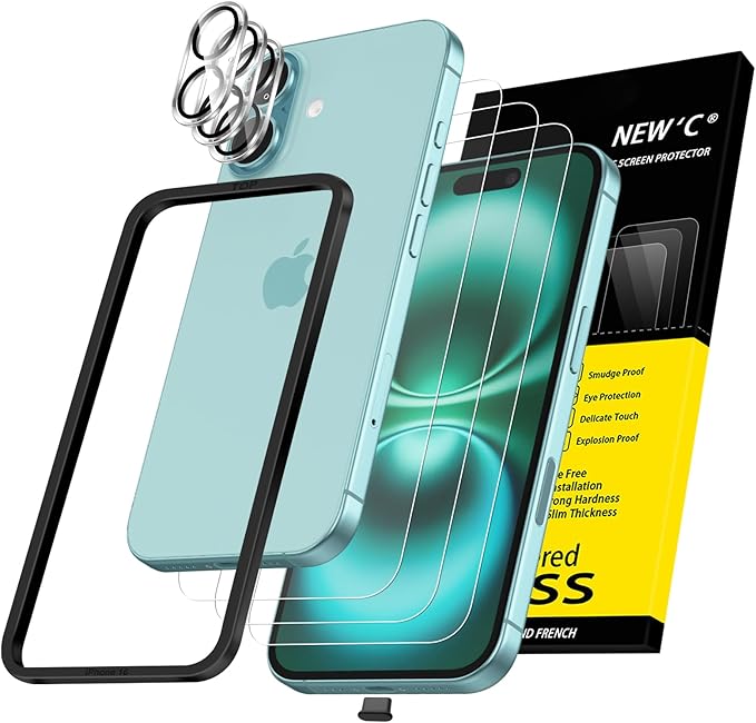 NEW'C 3x for iPhone 16 Screen Protector+ 3x Camera Lens Protector, Sensor