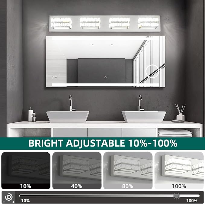 OKELI Crystal Vanity Lights LED Bathroom Vanity Light Fixture Over Mirror Modern Indoor Mirror Front Lamp, 6000K Cold White Dimmable, 4-Lights, 24W, ETL Listed