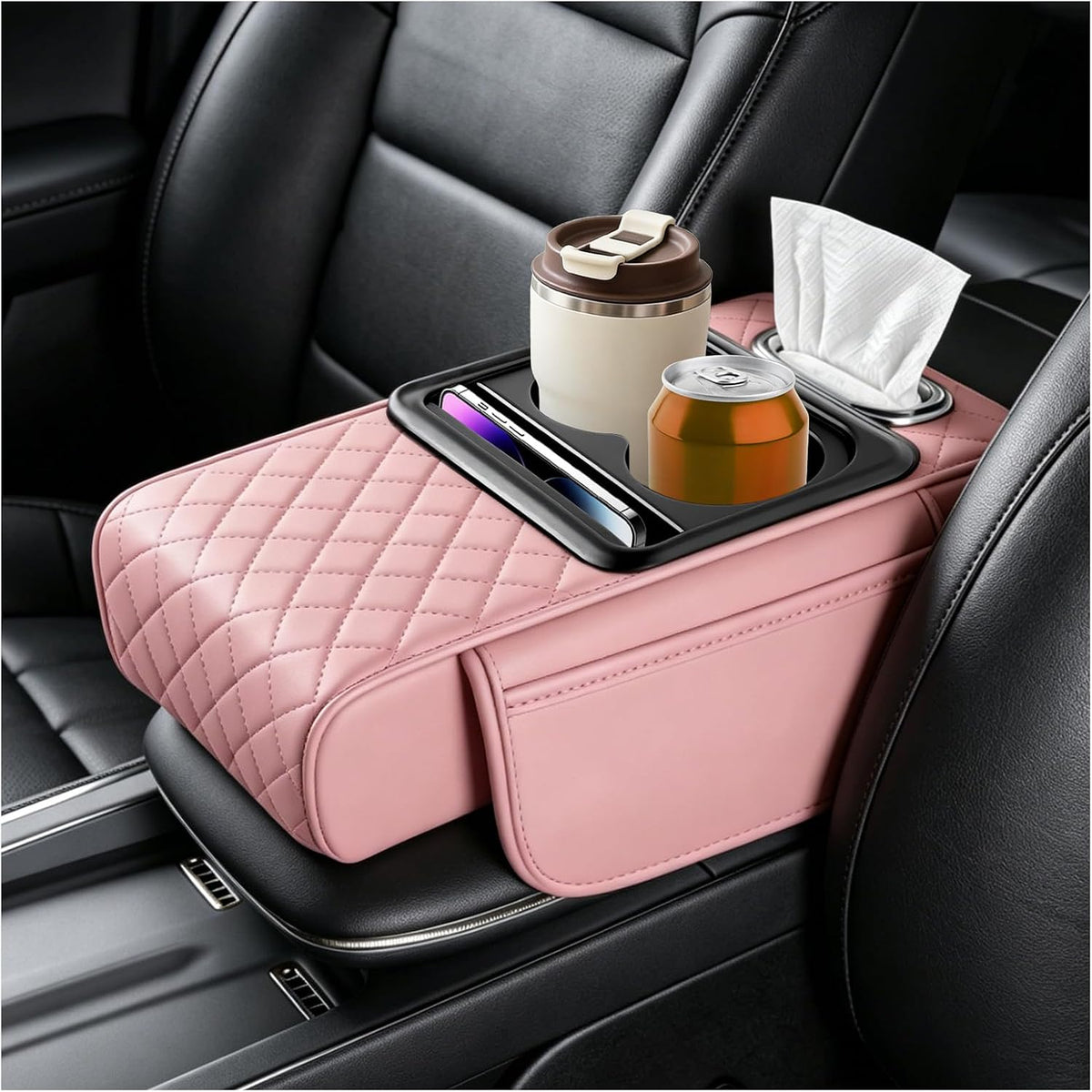 5 in1 Car Armrest Storage Box,Multifunctional Leather Car Armrest Box Pad for Elbow Support,Comfortable Center Console Cover with Cup Holder & Phone Holder & Side Storage Bag (Pink)