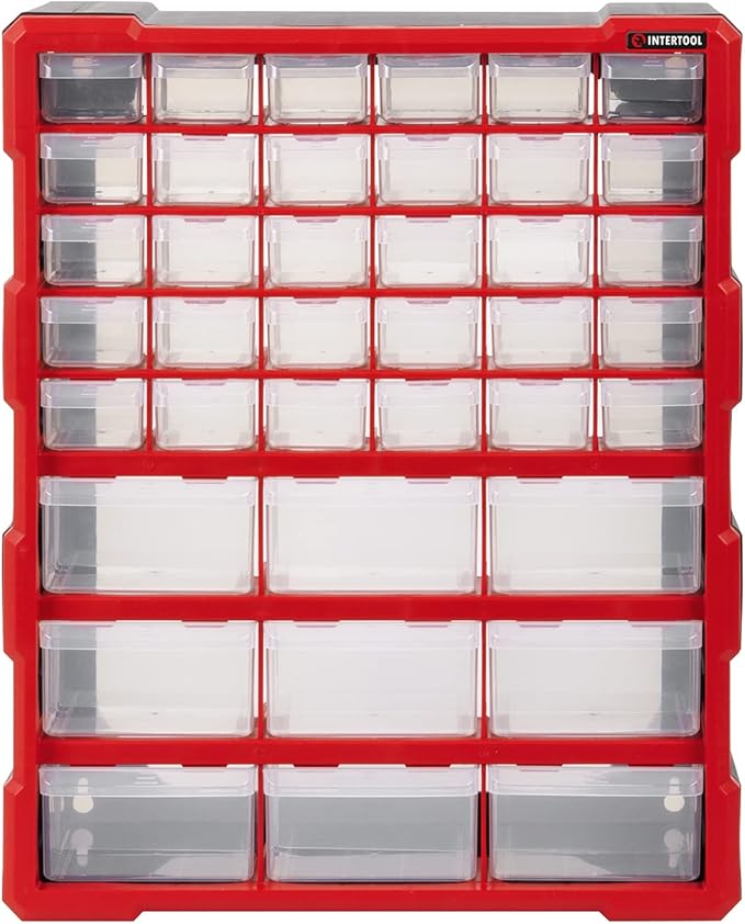 INTERTOOL Small Parts Organizer for Hardware & Screws | 39 Removable Bins with Dividers | Wall Mount or Desktop Craft & Lego Storage Cabinet | 19” x 15” x 7” BX08-4013