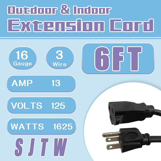 Extension Cord 6 FT, Outdoor 16/3 SJTW Weatherproof Black Electrical Cords, 13 AMP 3 Prong Power Cable Great for Garden, Landscaping & Holiday Decorations