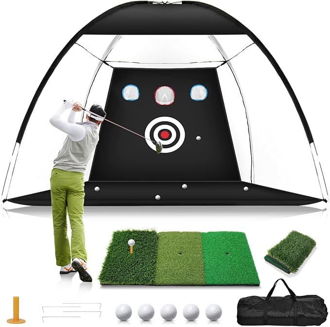 Golf Net, 10x7FT Home Golf Hitting Aids Equipment with Foldable Tri-Turf Mat for Backyard Driving Chipping Swing with Training Target/Balls/Tee for Outdoor Indoor, Gifts for Men Him Dad Boys Golfers