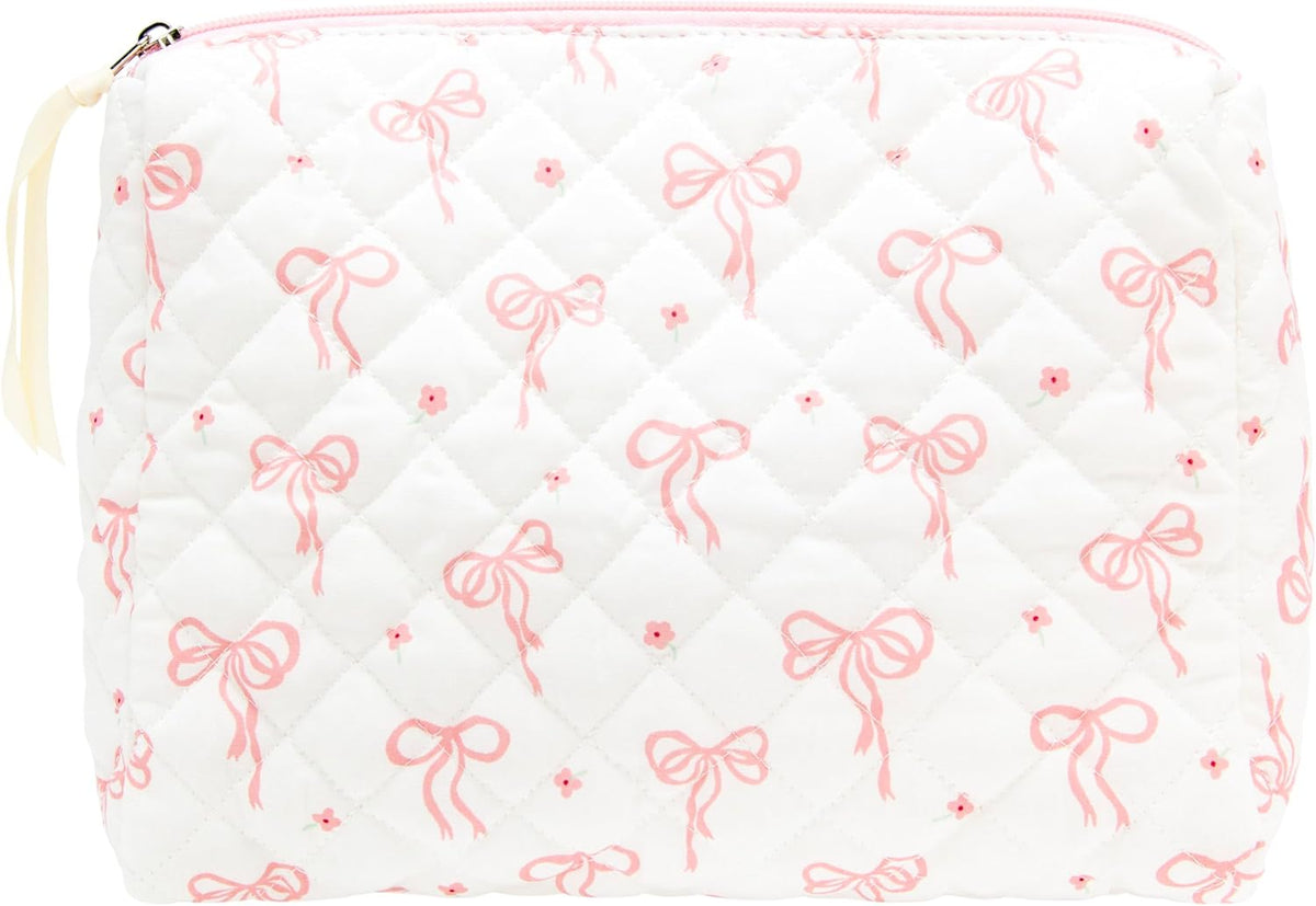 Quilted Makeup Pouch for Women, Travel Cosmetic&Toiletry Bag,Bow Pink