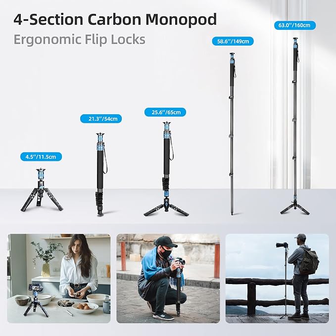 SIRUI P-424FS Carbon Fiber Camera Monopod Kit, 66.3" Heavy Duty Professional