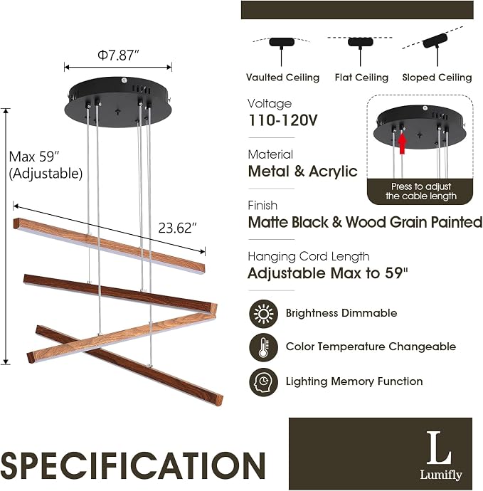 LED Linear Pendant Light for Dining Room Wood Grain Finish 4 Light LED
