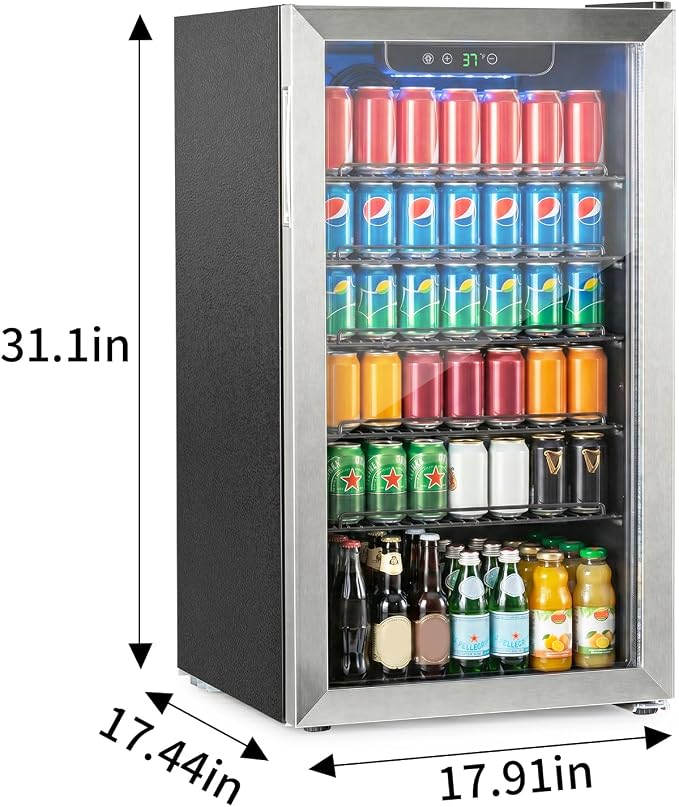 Erivess Mini Fridge 126Can Beverage Refrigerator Cooler Glass Door for Soda | 3.2 Cu Ft Drink Fridge for Home/Bar/Office with LED Display, Digital Temperature Control, Removable Shelves for Wine, Silver