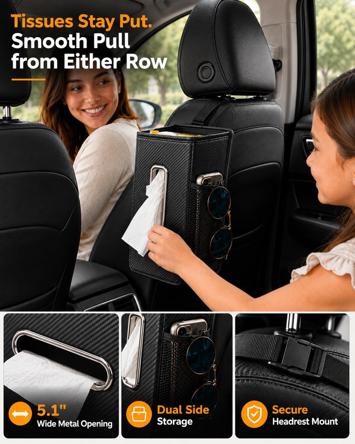 Leather Car Tissue Holder for Front & Back Seats, Car Tissue Box with 2 Side Mesh Pockets, Wide Metal Opening for Easy Pull, Fits 100–160 Count Rectangular Tissue Boxes, Carbon Fiber