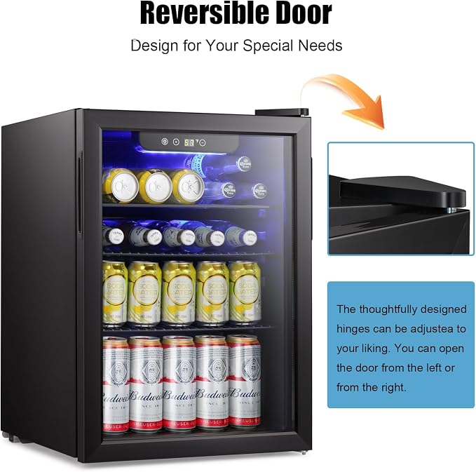 Antarctic Star Beverage Refrigerator Cooler-95 Can Mini Fridge Glass Door for Soda Beer Wine Stainless Steel Glass Door Small Drink Dispenser Digital Display for Home, Office Bar,2.4cu.ft