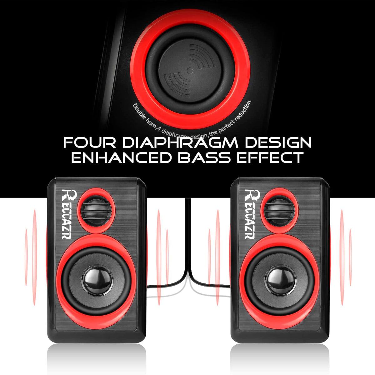 Reccazr SP2040 Computer Speakers - 2.0 CH USB Wired with Deep Bass for Desktop & Laptops | Red