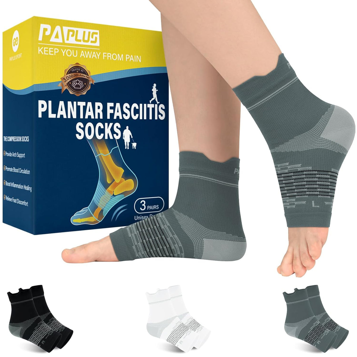 PAPLUS Plantar Fasciitis Socks - Ankle Compression Sleeves for Pain Relief | 3 Pairs for Men & Women