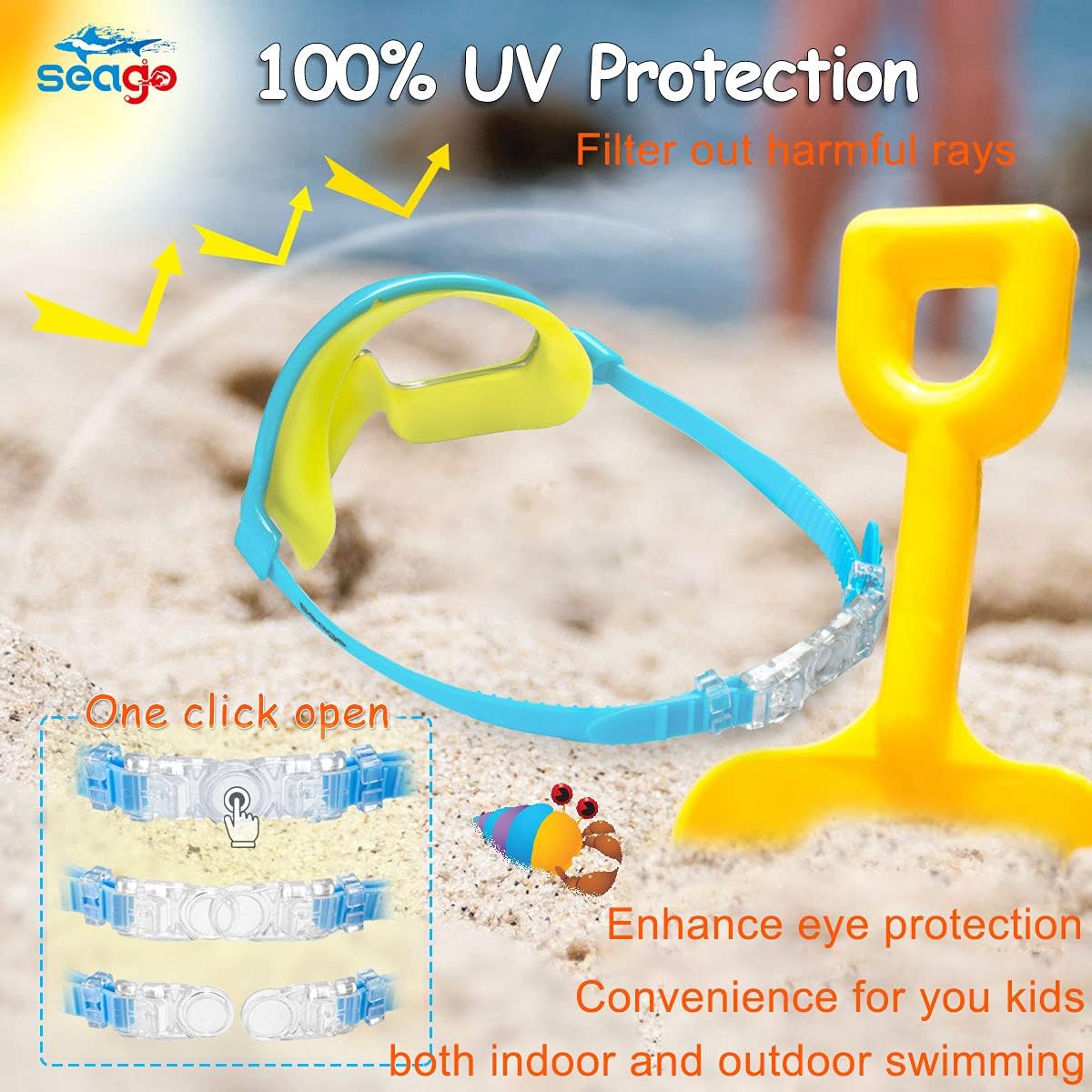 Seago Swim Goggles - Anti-Fog & Anti-UV Wide View Design | 2-Pack for Kids Ages 3-15
