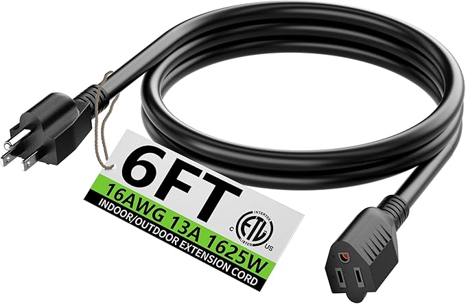 HUANCHAIN 6 FT 16 Gauge Black Indoor Outdoor Extension Cord Waterproof, Flexible Cold Weather 3 Prong Electric Cord Outside, 13A 1625W 125V 16AWG SJTW, ETL Listed