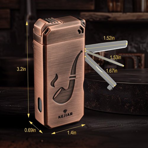 KEJIAR Pipe Lighter with Pipe Stand, 3 Collapsible Pipe Cleaning Tools, 4 in 1 Soft Flame Lighter, Refillable Butane, Men's Pipe Set Gift (Bronze Color)