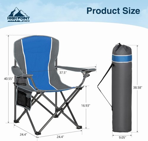 High Point Sports Portable Camping Chair - Heavy Duty Folding Chair with Cup Holder | Supports 350 LBS, Blue-Gray, 2 Pack