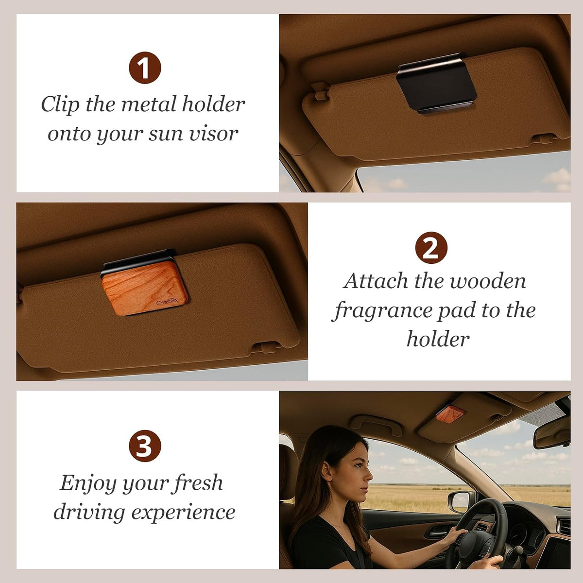 Car Air Freshener - Wood Air Freshener - Car Odor Eliminator for Visor Clip-Variety Scent Refill, Vehicle Scent Diffuser for Cabin, Truck & SUV - Pack of 3 (Grove-Pine-Open air)-CLIP INCLUDED
