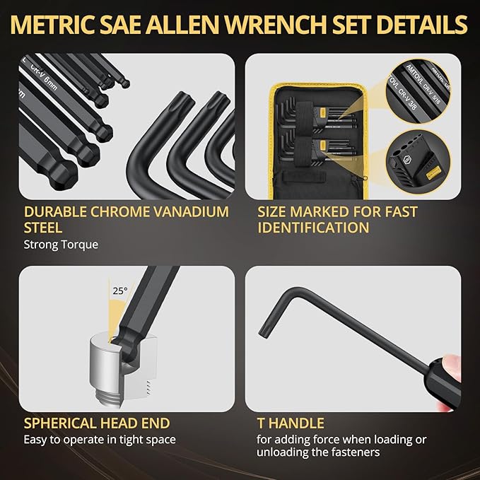 AMTOVL 27PCS Allen Key Set - Metric & SAE Wrench Set, Extra Long Ball & Star End Hex Keys with T-Handle & Color Coding for Bicycle, Household DIY - Black