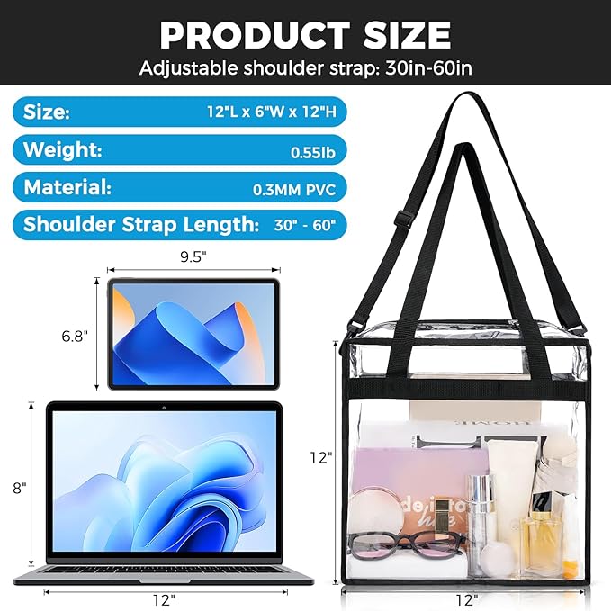 BAGAIL Clear Bags 12x6x12 Stadium Approved Clear Tote Bag