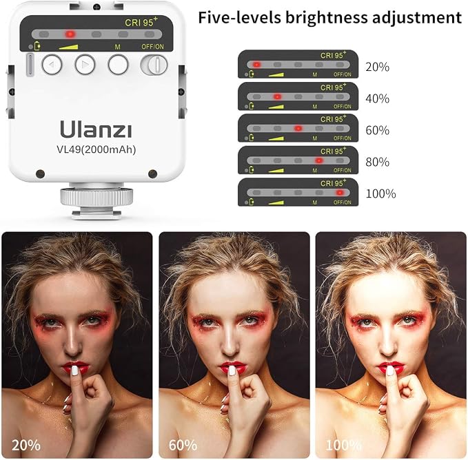 ULANZI VL49 2000mAh LED Video Light w 3 Cold Shoe, Rechargeable Soft Light Panel