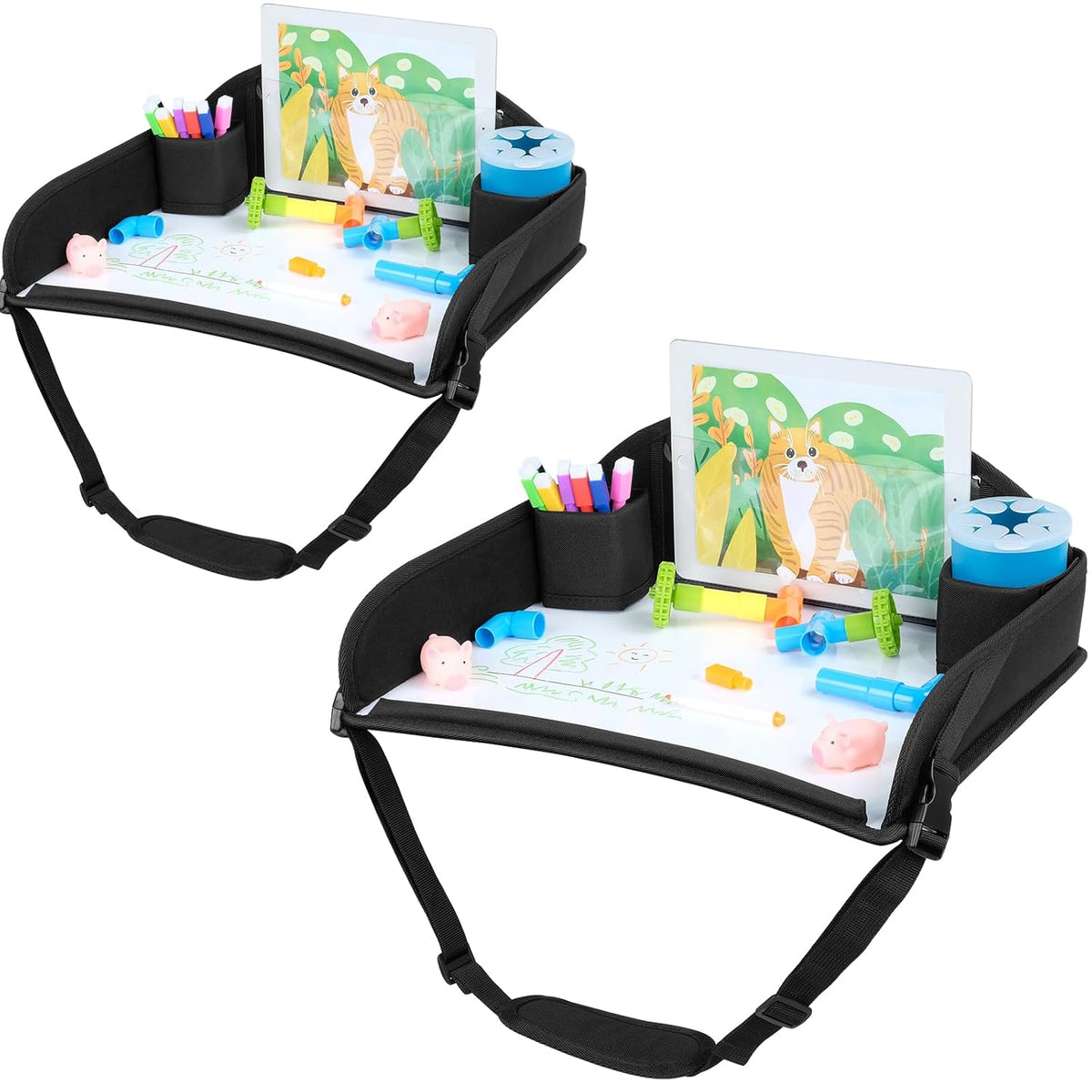 COOLBEBE Kids Travel Tray for Toddler Car Seat, Travel Tray for Airplane, Toddler Car Seat Lap Tray, Carseat Table Tray for Kids Travel Activities (Black -2PCS)