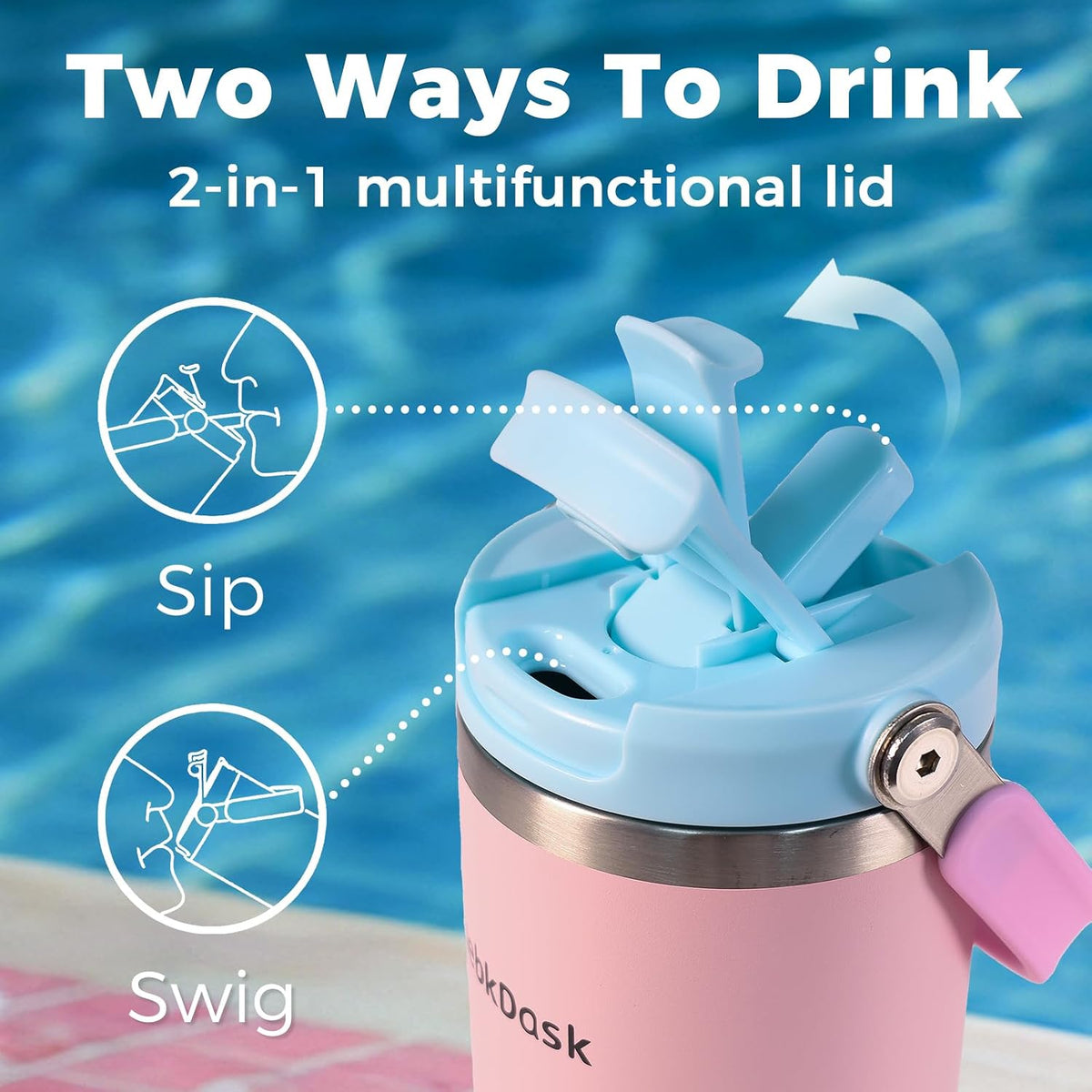 40 oz Insulated Stainless Steel Bottle with 2-in-1 Straw and Spout Lid, Water Bottle with Carry Handle Keep Cold 24H, Leak-Proof, Fits in Car Cup Holder, Travel, and School（Pink）